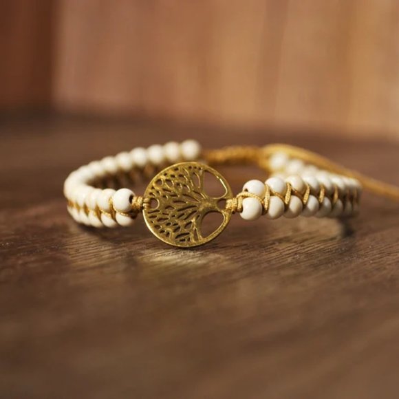 Natural African Stone Bead Bracelet & Bangle with Tree of Life Braided Charm - Picture 6 of 7
